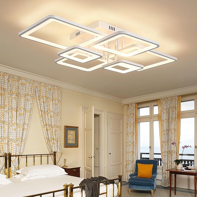 Modern LED Ceiling Lights for Bedroom Dimmable Modern 6 Ring Square Ceiling Lights for Living Room with Remote Control White Bedroom Ceiling Lamp Fixures for Kitchen,Bathroom,Balcony