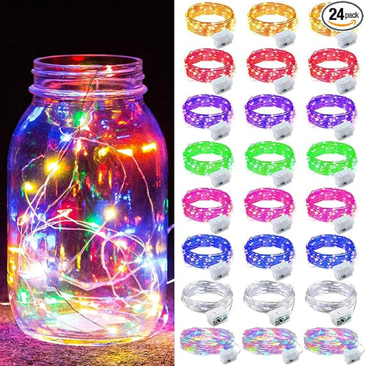 24 Pack Fairy Lights 7Ft 20 LED Twinkle String Lights Battery Operated Waterproof Firefly Starry for Mason Jar Party Wedding Christmas Valentines Day, 8-Colors