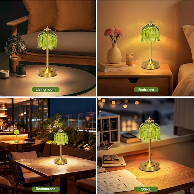 Cordless Lotus Flower Table Lamp, 5200mAh Rechargeable Battery Operated Portable Lamp, 3-Color Dimmable Touch Control Small Desk Lamp for Bedroom, Office, Kitchen, Nightstand,Room Decor(Green)
