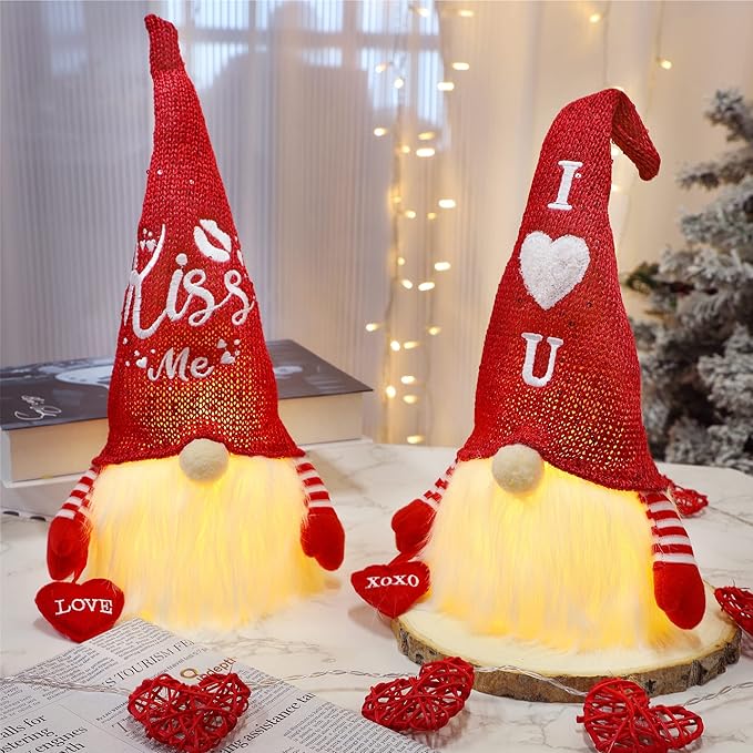 Juegoal 2 Pack Lighted Valentines Gnomes Decorations, 14.5 Inch Handmade Scandinavian Swedish Tomte, Light Up Elf Toy Holiday, Battery Operated Valentine Gift Tabletop Ornament