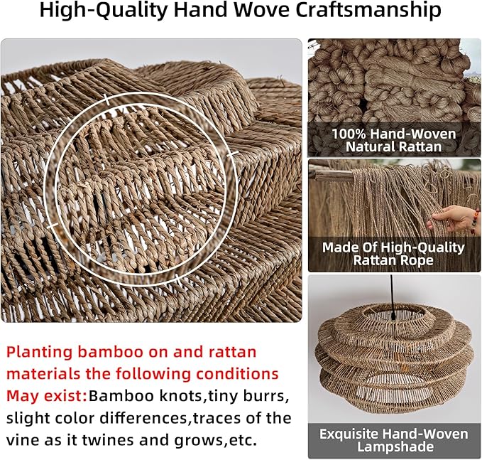 19.7" Rattan Pendant Light,Hand-Woven Rustic Wicker Hanging Light Seagrass Ceiling Chandelier,Water Plants Rattan Chandelier for Dining Living Bedroom Kitchen Farmhouse