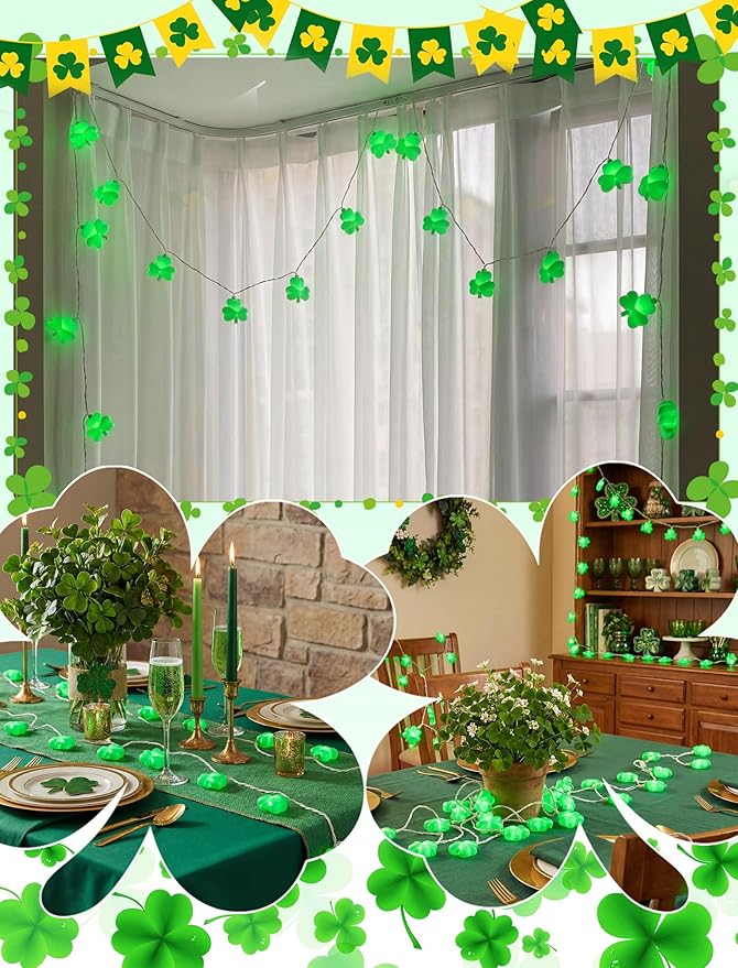 8.5Ft St patricks Day Lights Outdoor, Shamrock String Light Plug in with 10 LED Lucky Clover Lights, Green Clover for Irish Bedroom Home Garden Party Green Feast St. Patrick's Day Decorations