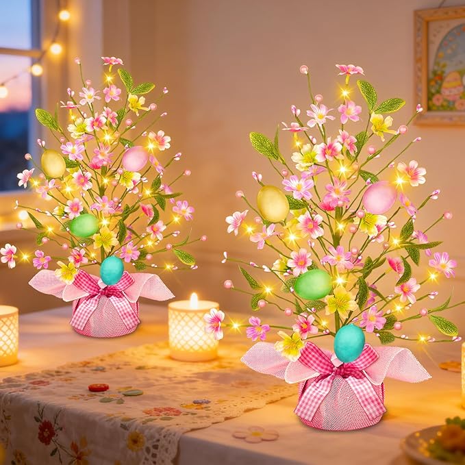 2 Pack & Timer - Easter Decorations, 21 Inch Easter Tree Tabletop with 20 Warm White Lights Battery Operated Large Colorful Eggs Colorful Berries Artificial Tree Easter Decor Spring Home Party
