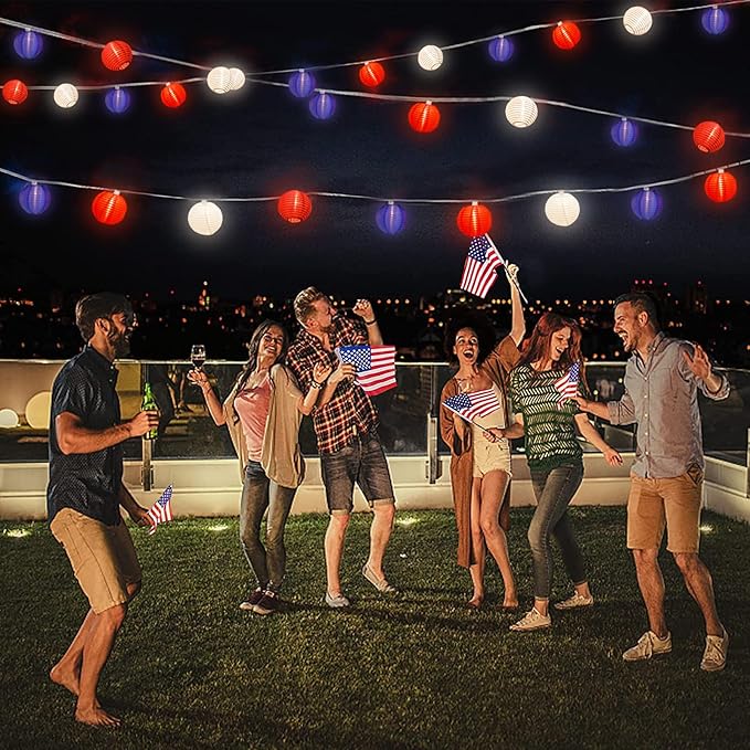 SUNSGNE Red White Blue Lantern String Lights 8.5Ft, Multicolor Lantern Decoration Lights with 10 Red White and Blue Lanterns for Patio Backyard Garden Memorial Day Presidents Day Decor