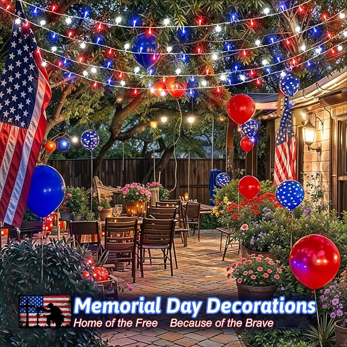Red White and Blue Lights String for 4th of July Decorations Outdoor Total 100 LED 33ft for Memorial Day Decorations, Battery Operated Waterproof Timer Patriotic for Independence Day, 2-Pack