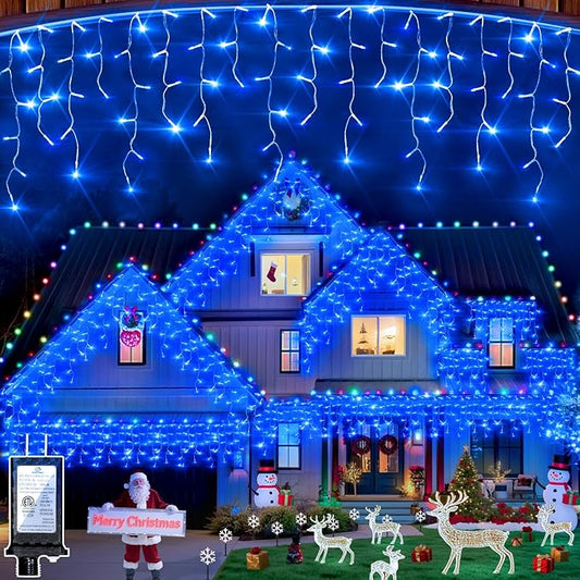504 LED Fairy lights for Bedroom, 50ft Christmas Window Lights with 112 Drops 12 Modes, Dimmable Curtain Lights, String Lights Indoor Outdoor for Holiday Wedding Party Home Xmas Decorations, Blue