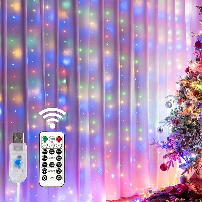HOME LIGHTING Window Curtain String Lights, 300 LED 8 Lighting Modes Fairy Copper Light with Remote, USB Powered Waterproof for Christmas Bedroom Party Wedding Home Garden Wall Decorations, Multicolor