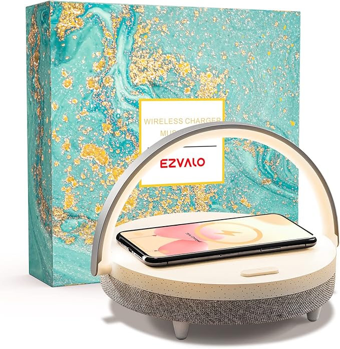 EZVALO Gifts for Women, 4-in-1 Bluetooth Speaker, Bedside Lamp with Wireless Charger, Dimmable Night Light and Phone Holder, Birthday Gifts for Teens, Families and Friends