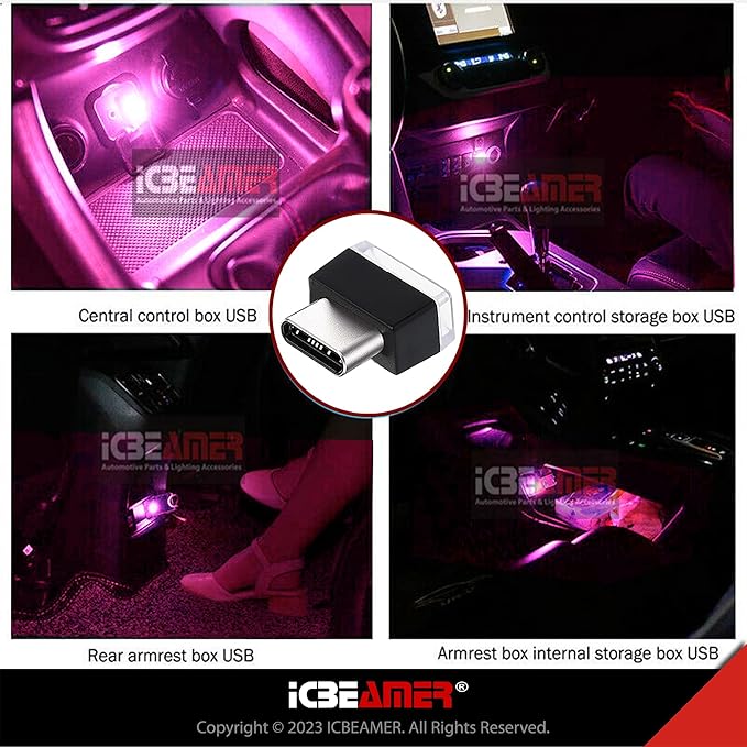 ICBEAMER Type C Adapters Atmosphere Light - 2-Pack (Purple) | Universal Plug-in Miniature Night Light | LED USB Car Interior and Trunk Ambient Lighting Solution
