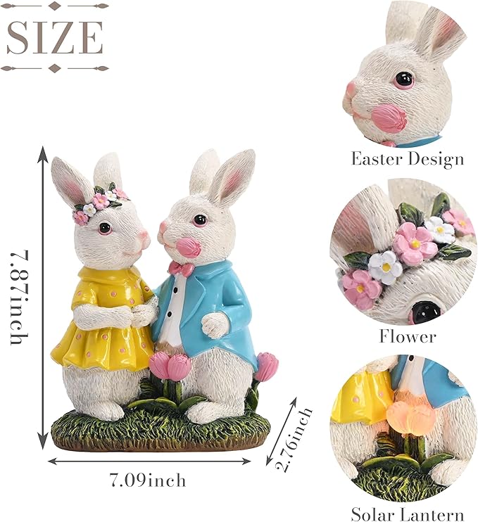 TERESA'S COLLECTIONS Easter Decorations Outdoor with Solar Lights, 8'' Lighted Easter Bunny Decor, Spring Easter Decor for Entryway Planter Mantel Tabletop Ideal Easter Gifts