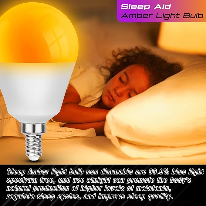 E12 Small Candelabra Base Amber Sleep Light Bulbs, 1800K Warm Amber Bulb 25-40W Equivalent, Blue Light Blocking, 3W Dim Night Light Bulbs for Healthy Sleep, Bedroom Kids Room, Non-Dimmable, 4 Pack