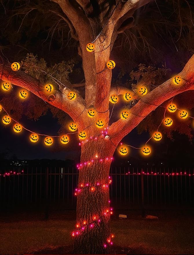 8.5FT Halloween Jack-O'-Lantern String Lights with 10 Orange Pumpkin Bulbs, Black Wire Hanging Lights for Outdoor and Indoor Halloween Party Decor