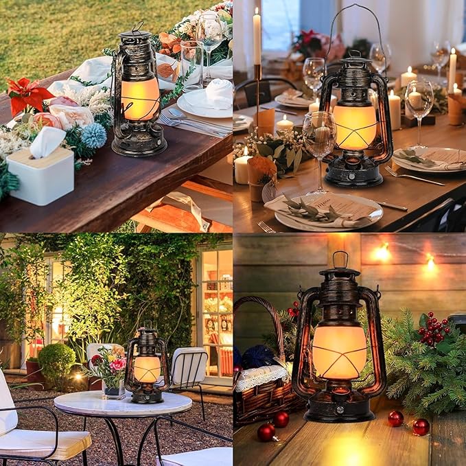 Vintage Lantern, LED Battery Powered Camping Lamp Outdoor Hanging Lantern Flickering Flame Rechargeable Retro Lanterns 3 Modes Light Non-Solar