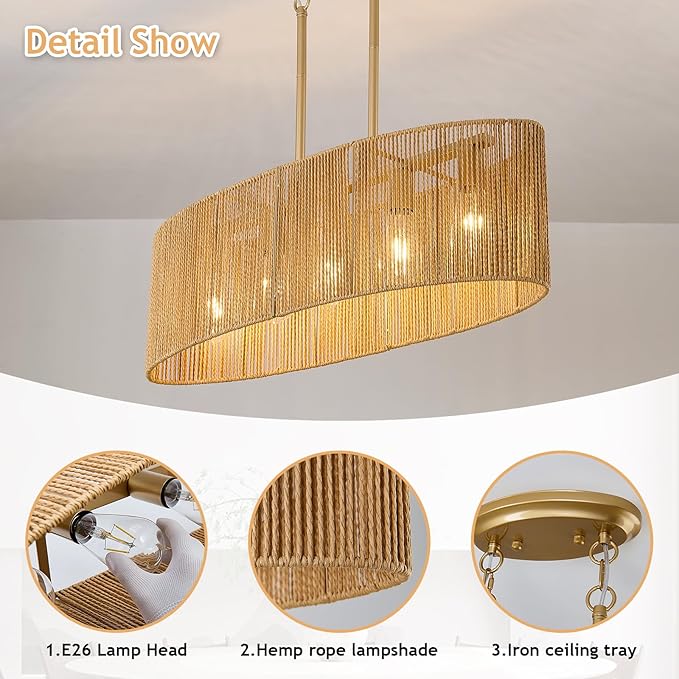 Dining Room Light Fixture 5 Light Rattan Kitchen Island Lighting with Adjustable Gold Boho Chandelier Farmhouse Hanging Pendant Light for Living Room Bar Restaurant