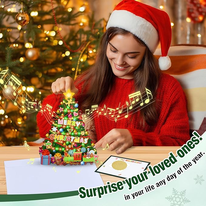 FaCraft Musical Christmas Tree Cards, 10" x 8" Handmade 3D Pop Up Christmas Card, Xmas Decoration, Easy to Stand Up, Lights Blinking Modes, with Envelope, Blank Insert and Seal, for Winter, Holidays