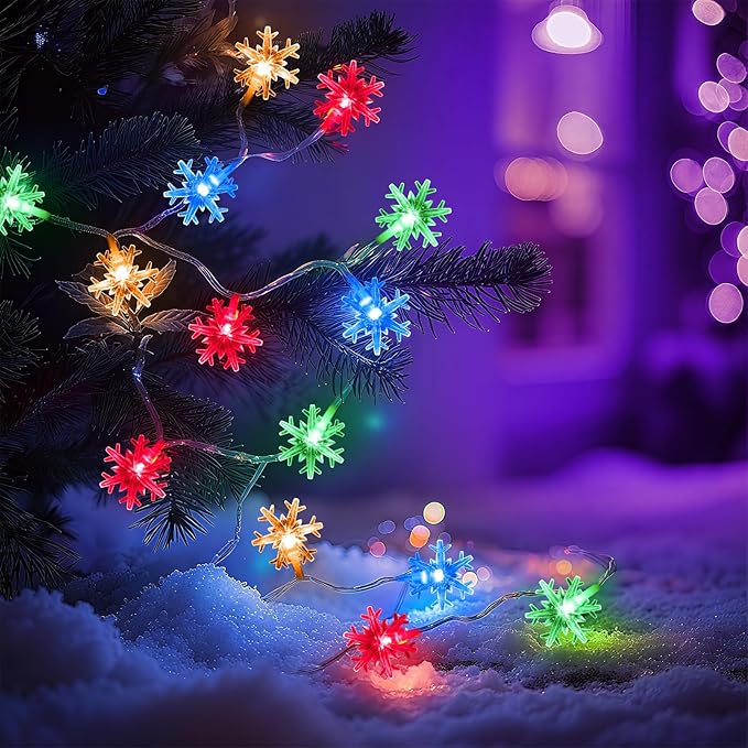 Christmas Lights Indoor Multicolor, 20FT 40 LED Colored Snowflake String Lights Battery Operated, Rechargeable Fairy Lights with 8 Modes & Timer for Bedroom Party Home Xmas Tree Decorations Multicolor