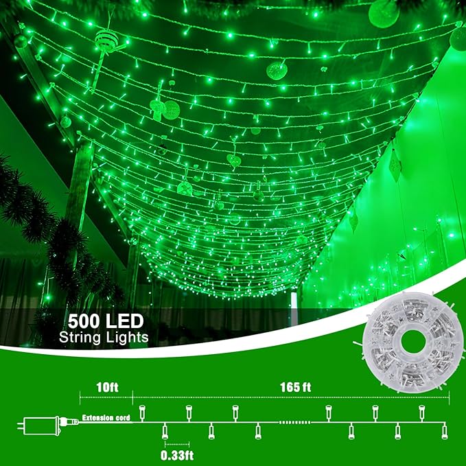 QITONG 165ft 500 LED Green St Patricks Day Lights, 8 Modes Outdoor String Lights Plug in, Clear Wire Twinkle Christmas Light Indoor
