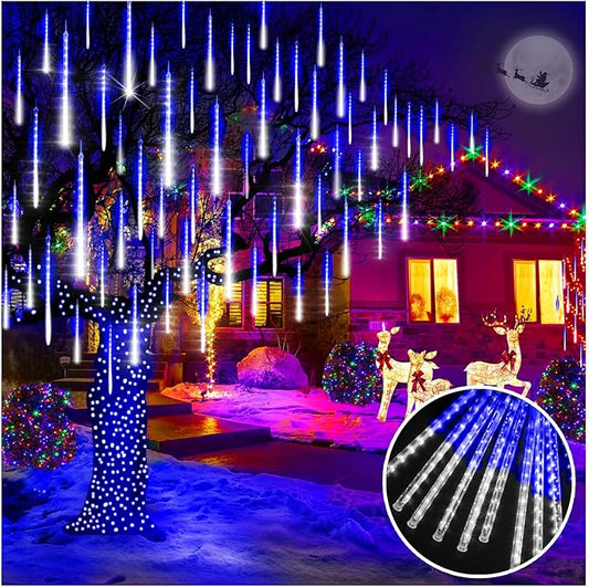 KNONEW 2Pack Total 48 Tube Meteor Shower Lights,15 in 672 LEDs Christmas Lights Outdoor Waterproof Plug in Falling Rain Light for Xmas Tree Wedding Party Garden Decorations (Blue and Cool White)