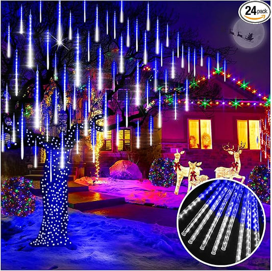 KNONEW Christmas Lights Outdoor, 15 inch 24 Tubes 672 LED Meteor Shower Lights Plug in Waterproof Falling Rain Light for Xmas Tree Wedding Party Garden Holiday Decorations (Blue and Cool White)