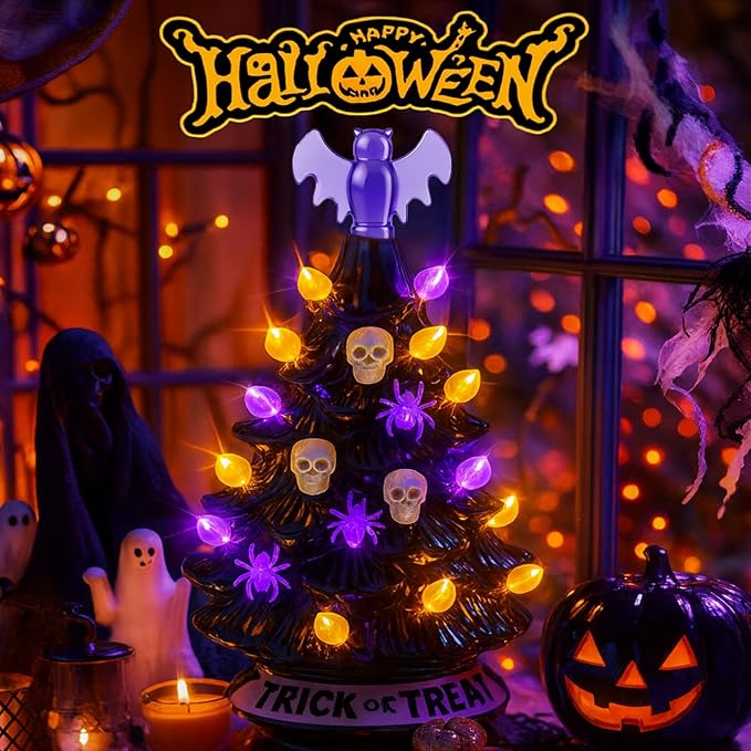 Halloween Ceramic Tree Replacement Light Bulbs Set, Halloween Themed, 117Pcs Skull/Pumpkin Head/Spider Ceramic Tree Replacement Bulbs and 1 Bat/Triple Pumpkin/Ghost Top Trim