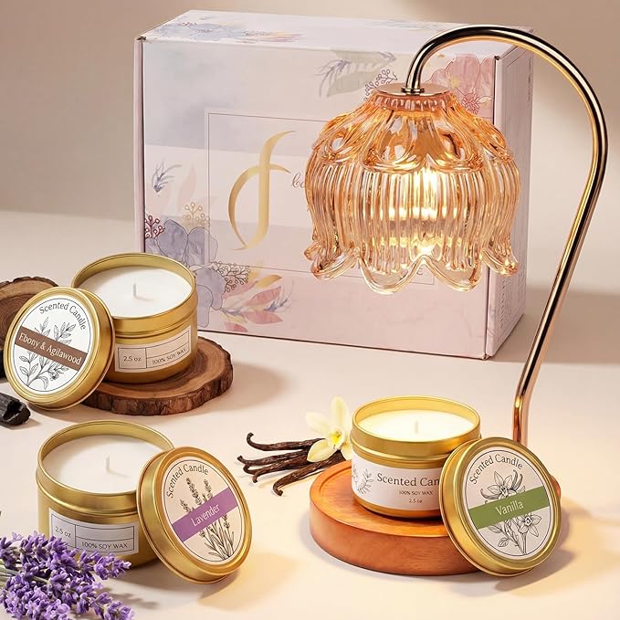 Candle Warmer Lamp Gift Set with 3 Jar Candles & Gift Box, Gifts for Women Christmas Birthday, Mom Sister Friend Gift, Lavender, Vanilla, Ebony, 2 Bulbs