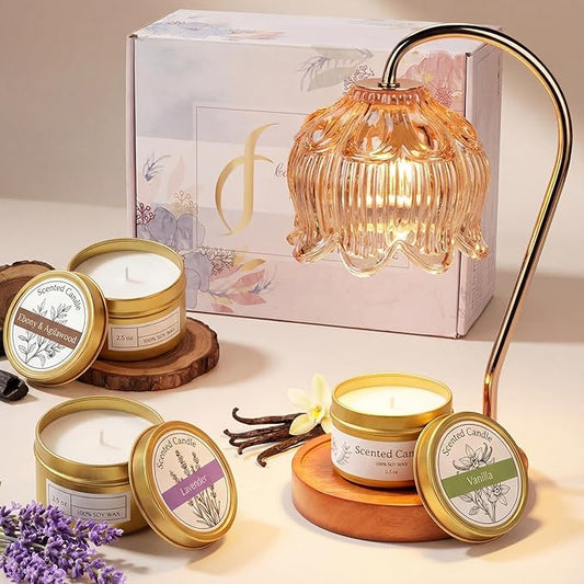 Candle Warmer Lamp Gift Set with 3 Jar Candles & Gift Box, Gifts for Women Christmas Birthday, Mom Sister Friend Gift, Lavender, Vanilla, Ebony, 2 Bulbs