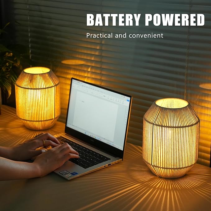 JHY DESIGN Set of 2 Woven Lampshade Table Lamps 8.5" H Cotton Rope Bedside ‌Light‌s Cordless Decorative Battery Operated Lamps with 6 Hours Timer for Bedroom Living Room Weddings Parties Patio