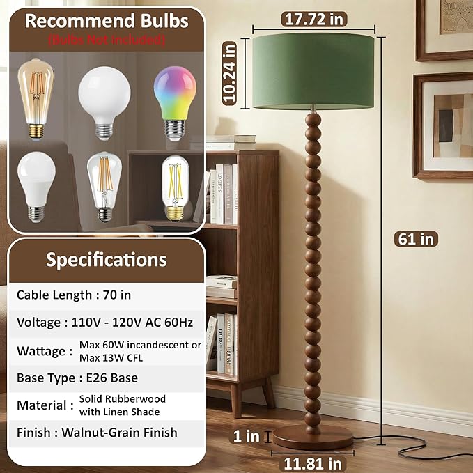 Buruis 61" Beaded Wood Floor Lamp with 17.2" Large Linen Shade, UL Listed, Retro Mid-Century Accent Walnut Finish Standing Lamp for Living Room, Bedroom, Office, Corner, Green