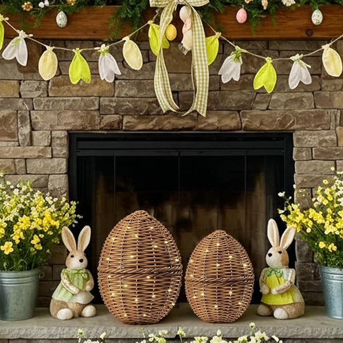 Soulchen 2 Pcs Large Rattan Easter Egg Decorations, 9.8" & 8.7" Spring Farmhouse Wicker Easter Eggs with LED Lights Decor for Table Centerpiece Mantle Outdoor Porch Garden Patio,