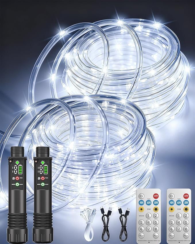 Rechargeable Rope Lights, 79FT 240LED Outdoor Waterproof String Lights with 1200mah Portable Rechargeable Battery, Timing & 8 Modes for Party Christmas Camping DIY Tree trampoline - Cool White 2 Pack