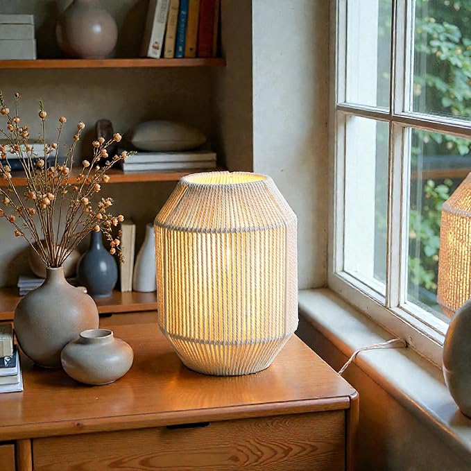 JHY DESIGN Boho Rattan Woven Lampshade Table Lamp 8.5" H Cotton Rope Bedside Lamp Cordless Decorative Battery Operated Lamp with 6 Hours Timer for Bedroom Living Room Wedding Parties Patio