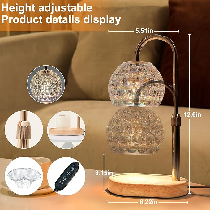 Candle Warmer Lamp with Timer Dimmable, Birthday Gifts for Women Mom, Adjustable Height Wax Warmer Lamp for Jar Candles, House Warming Gifts & Modern Room Decor, Transparent