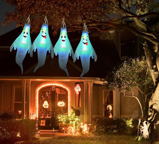 Halloween Decorations Outdoor: 2 Pcs Cute Hanging Ghosts for Tree, Porch, Garden, Yard - Waterproof Colorful LED Ghost Decor with Timer