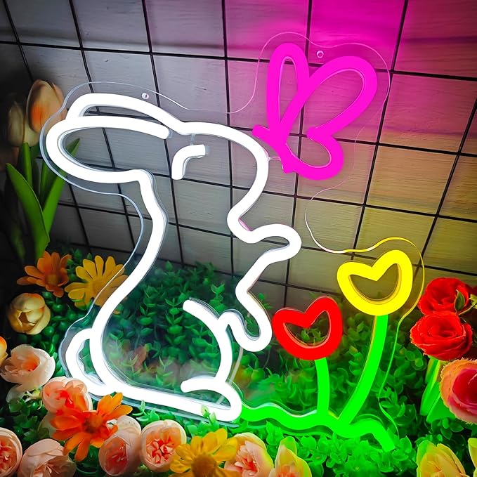 Spring Bunny & Butterfly & Tulip Flower Neon Sign Dimmable Easter Bunny Led Sign Cute Spring Rabbit Neon Light Sign Easter Window Lights Gardening Gifts