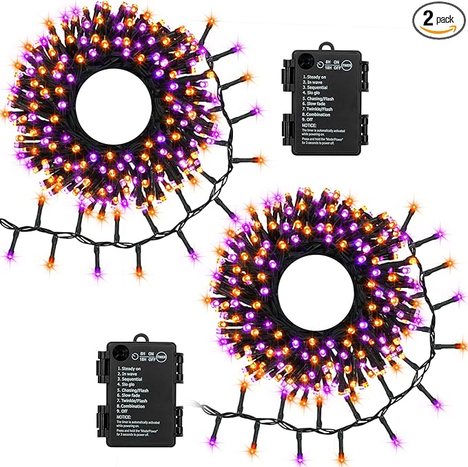 Purple Orange Halloween String Lights Battery, Total 20Ft 400 LED Cluster String Lights with Timer 8 Modes Firecracker Lights Outdoor Waterproof for Tree Home Decor