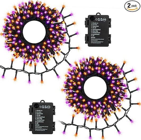 Purple Orange Halloween String Lights Battery, Total 20Ft 400 LED Cluster String Lights with Timer 8 Modes Firecracker Lights Outdoor Waterproof for Tree Home Decor