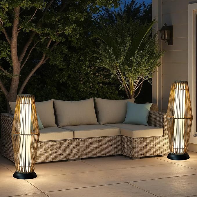 TRIROCKS Outdoor Floor Lamp 2 Piece Solar Powered Lantern Wicker Solar Patio Lamp with Olifen Rope Waterproof Rattan Outside Solar Deck Light for Patio Garden Lawn Yard (Grey)