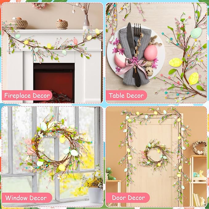 JUNEBRUSHS 6 FT Lighted Easter Egg Garland, Artificial Floral Spring Garlands for Mantle Fireplace Garland for Spring Home Decor Easter Party Indoor Outdoor Decoration
