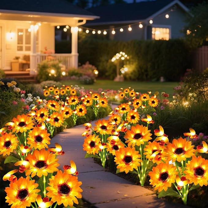 Solar Garden Lights 4 Pack Solar Swaying Bee Lights with Sunflowers, Gifts for Mom Women Mothers Day, Waterproof Firefly Flower Light for Outdoor Decor,Decoration for Patio Yard Landscape