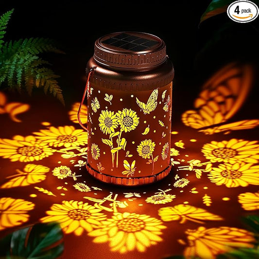 Cooo 4 Pack Solar Lanterns Outdoor Waterproof Sunflower Butterfly Solar Pathway Lights Landscape Path Christmas Gifts for Women Mom Grandma for Outdoor Table Lamps Garden Yard Backyard Decor-Rose Gold