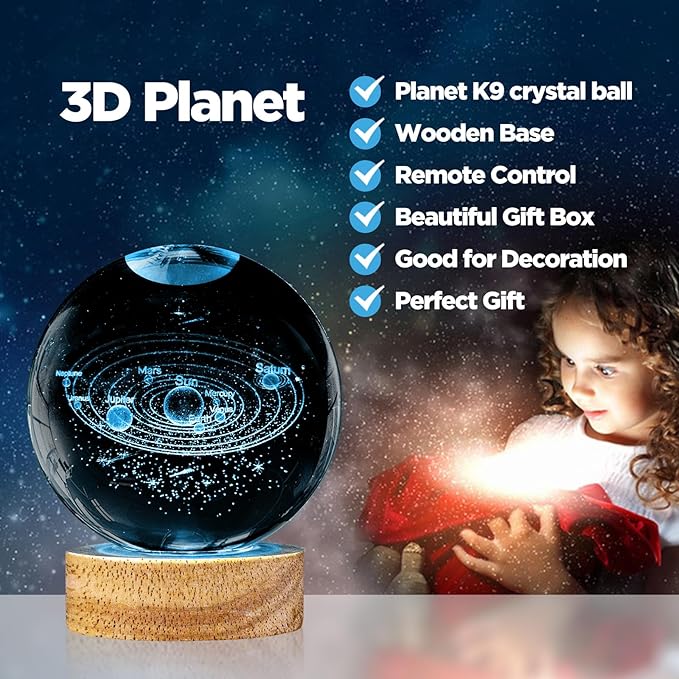 3D Solar System Crystal Ball Night Light,3.15in k9 Crystal Ball Lamp with 16 Colors Change,Wooden Base and Remote Control Decor Gifts for Kids (Solar System)