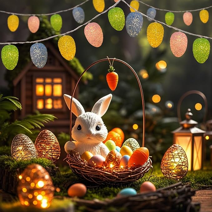 Easter Egg String Lights Battery Powered 6.8Ft Easter Lights String 10 LED Egg Shaped Light with Timer, Outdoor Pastel Light for Indoor Home Party Spring Themed Bedroom Fireplace Decor