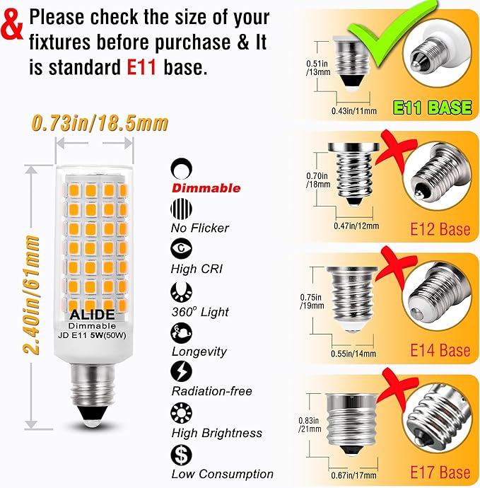 E11 Led Bulbs Dimmable No-Flicker, JDE11 120V 50W Halogen Candelabra Bulb Equivalent,T3 T4 Mini Base 2700K Warm White 5W 500lm E11 Bulb for Chandeliers, Ceiling Fan, Table Lamps, Cabinet Lighting,4Pcs