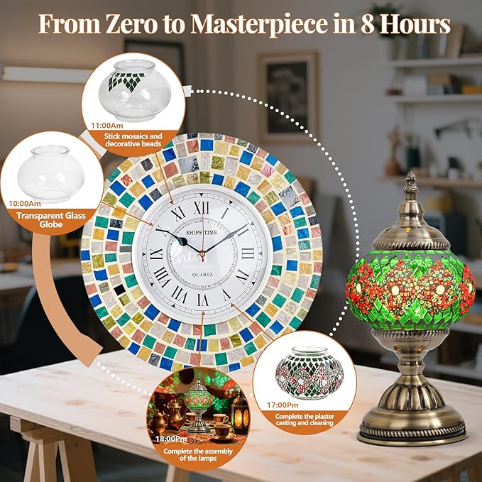 DIY Turkish Mosaic Lamp Kit, Stained Glass Table Lamp Making Kit- Easy and Fun, No Experience Needed, Mosaic Art & Craft Project Kits for Adults & Teens, Make Your Own Table Lamp, Green