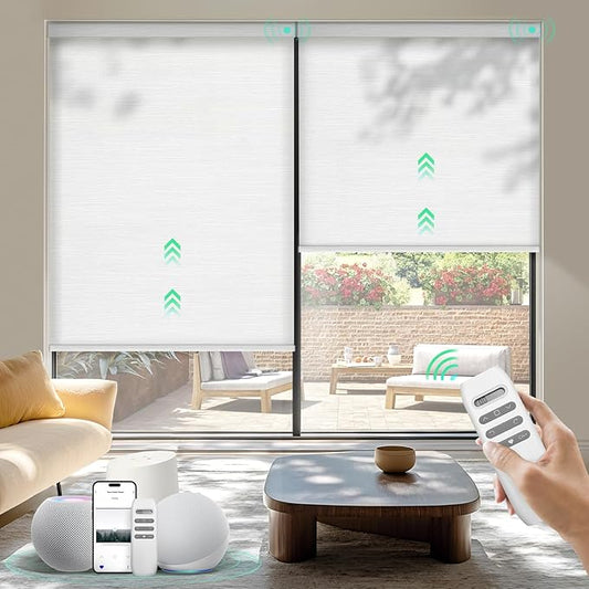 HeyBlinds Motorized Roller Shades, Smart Blinds for Windows, Remote Automatic Window Shades, Electric Shades, Light Filtering, Compatible with Alexa Google Apple Home (Summer Haze-Opaline LF)