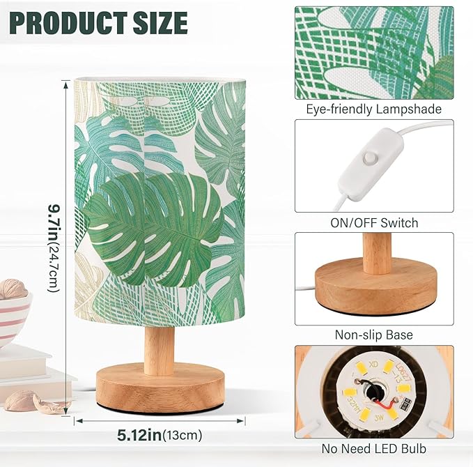Monstera Leaf Tropical Leaves Jungle Foliage Table Lamp with Wood Base Fabric Lamp Shade Bedside Nightstand Desk Lamp for Living Room Bedroom Kids Room Office