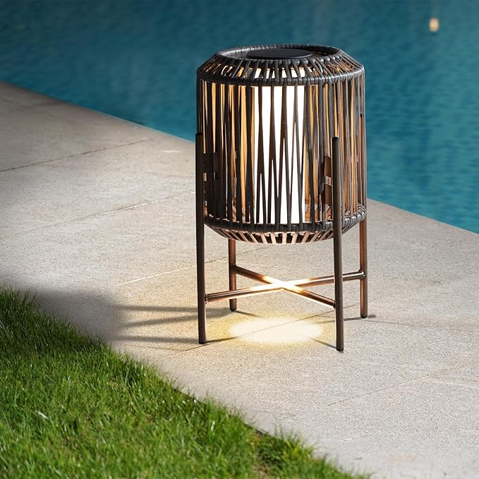 Solar Yard Mordern Floor Lamp, 22" Outdoor&Indoor Decorative Light with Brown Wicker, Integrated LED Solar Lamp for Porch, Garden, Patio, Enjoy Eco-Friendly Illumination, Baffin Taupe