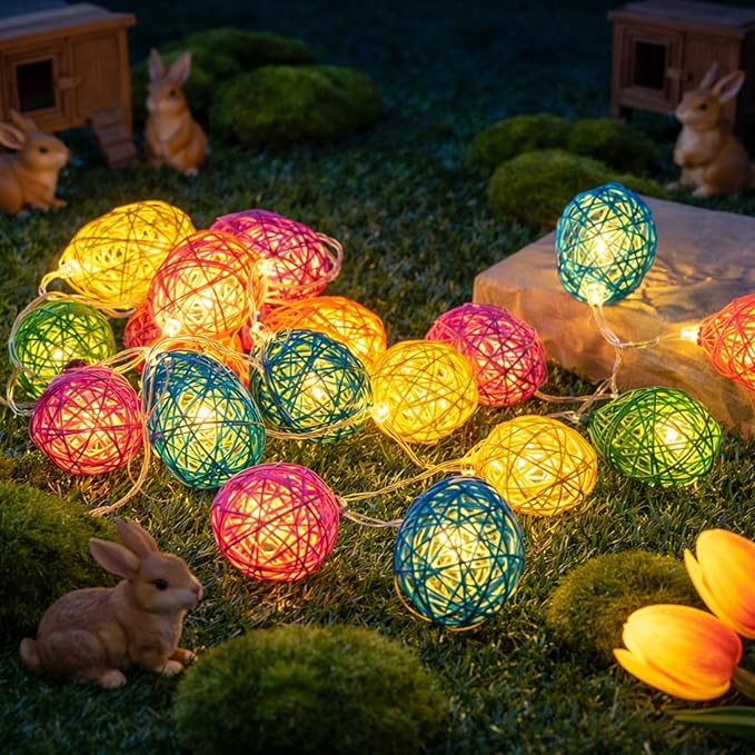 Easter Egg String Lights - 9.8ft 20 LED Candy Color Rattan Egg Lights, Battery Powered, Steady Flash Modes Portable for Easter Spring Home Party Table Window Mantel Decoration