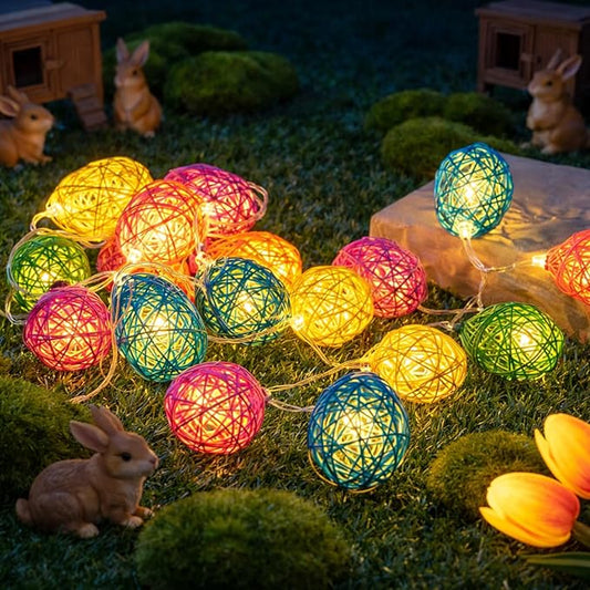 Easter Egg String Lights - 9.8ft 20 LED Candy Color Rattan Egg Lights, Battery Powered, Steady Flash Modes Portable for Easter Spring Home Party Table Window Mantel Decoration