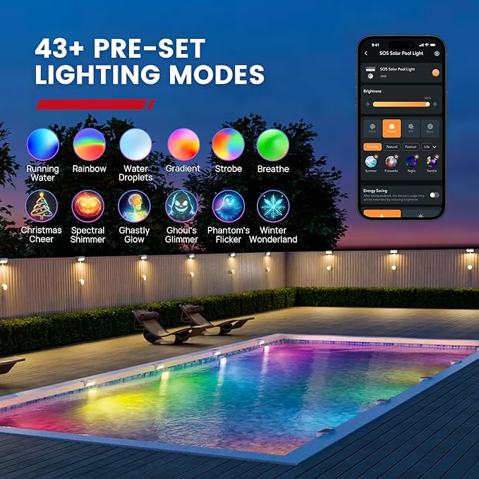 Enhulk Pool Lights with APP Control - 43+ Color Scenes & Timer, IP68 Waterproof Above Ground Pool Light,Poolside Solar Light, RGBW Solar Pool Lights for Garden, Pond, Patio (White 2-Pack)